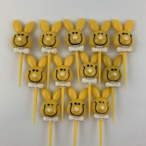 Vintage Smiley Yellow Easter Bunny Cupcake Topper Picks Hard Plastic 12 Pcs